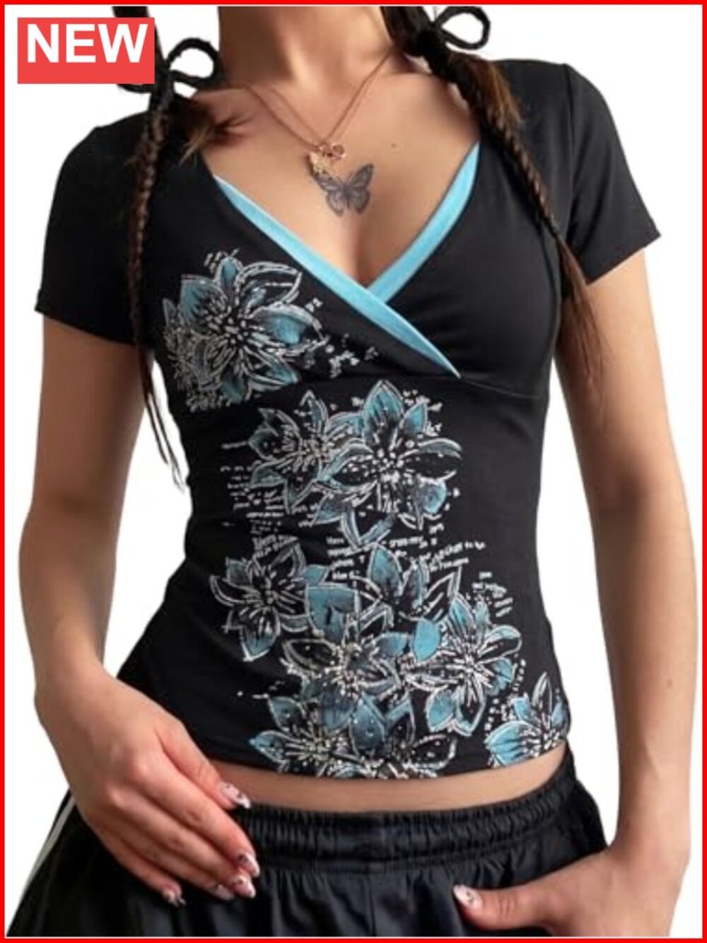 Y2K Fairy Grunge Floral V-Neck Short Sleeve Crop Top